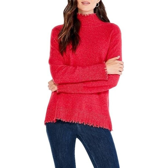 Nic + Zoe Sweaters - Nic + Zoe PL Womens Red Fringe Knit Cozy Pullover Sweater Shirt Mock Turtleneck